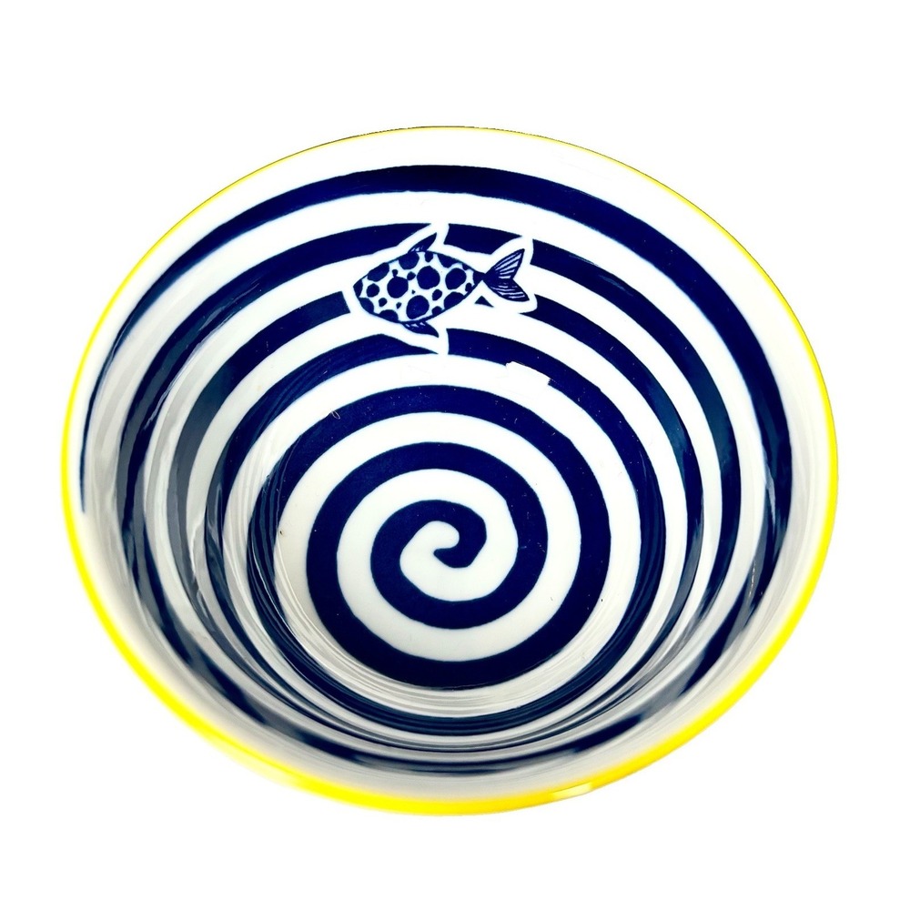 Global Design Connections Blue White Fish Bull Ceramic Spiral Nautica Yellow Rim